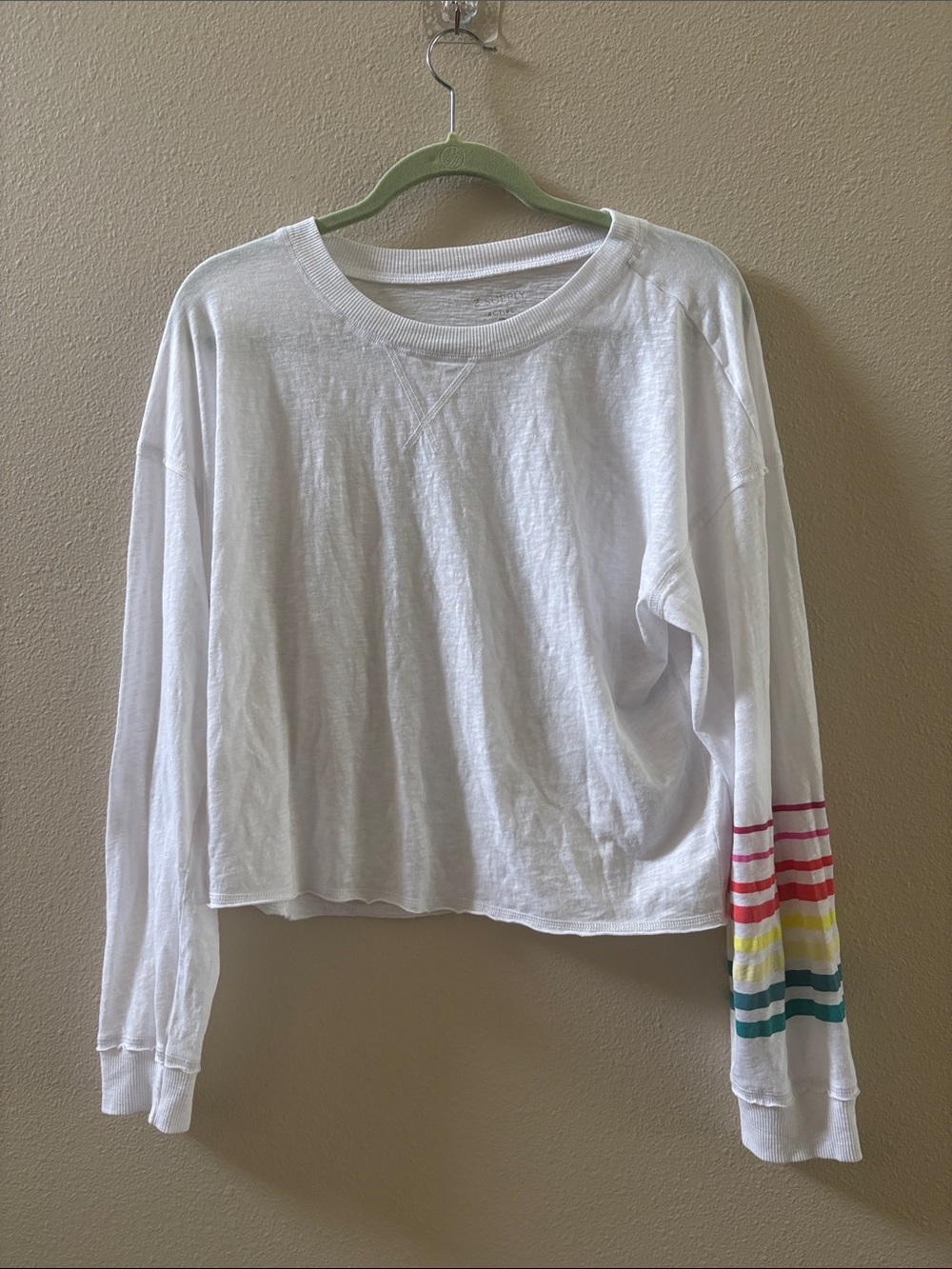 Z Supply Active White Long-Sleeve Crop Top with Rainbow Sleeve Stripes